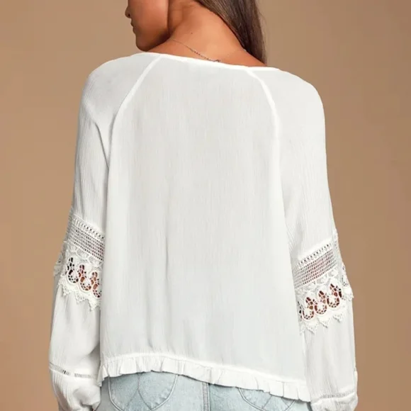 Lulus Boho Lace-Trim V-Neck Blouse Small - Picture 5 of 6